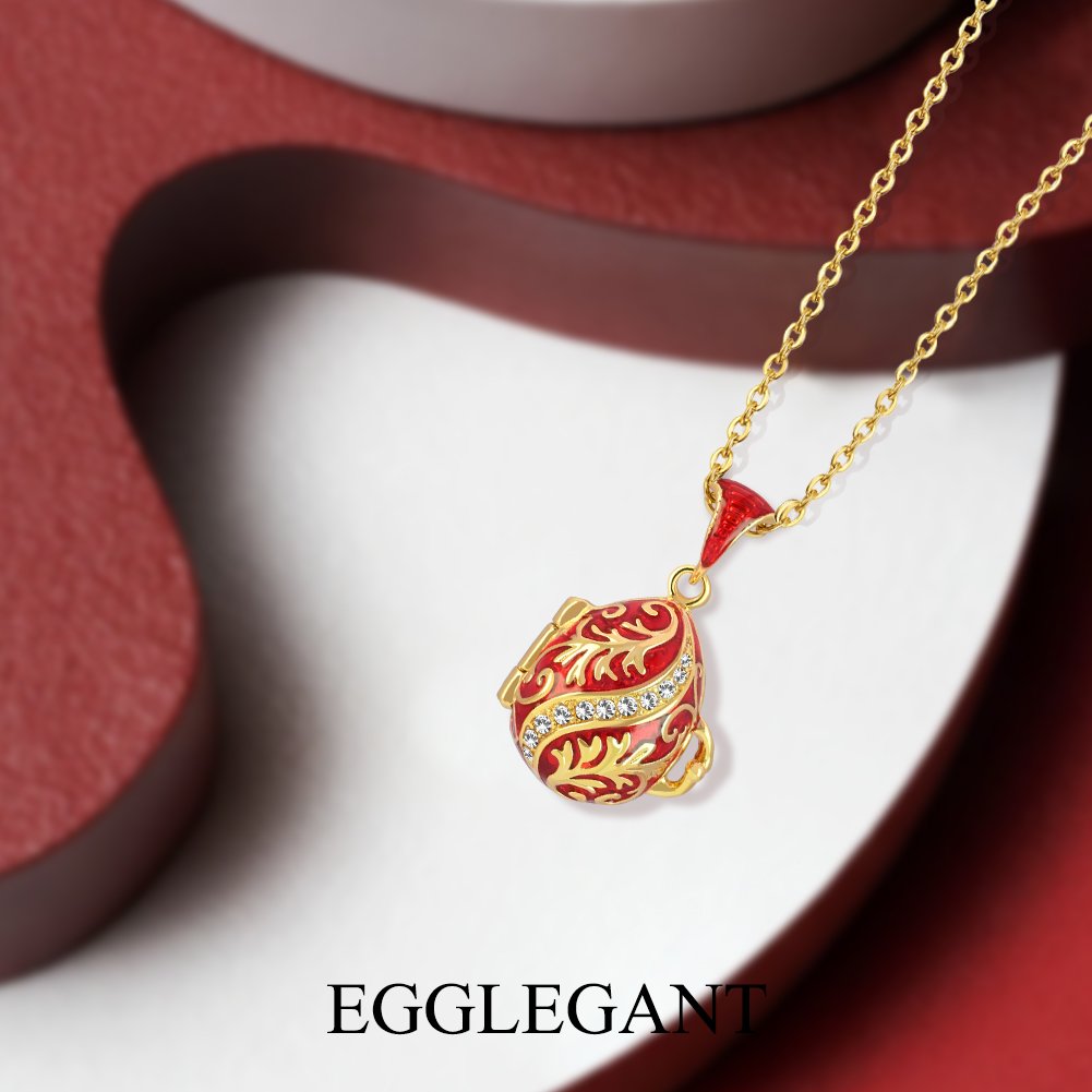 Ornate Enamel Egg Pendant with Hidden Angel Locket Necklace - Image 8
