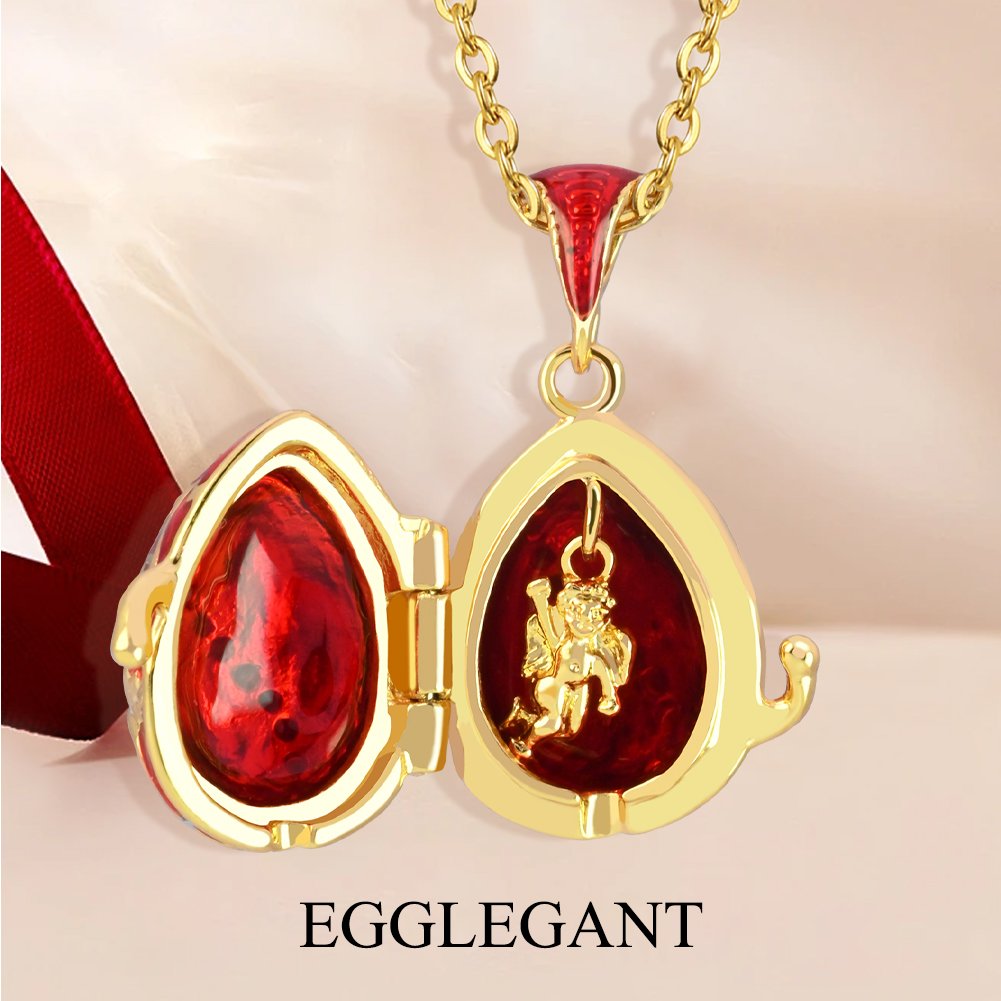 Ornate Enamel Egg Pendant with Hidden Angel Locket Necklace - Image 9