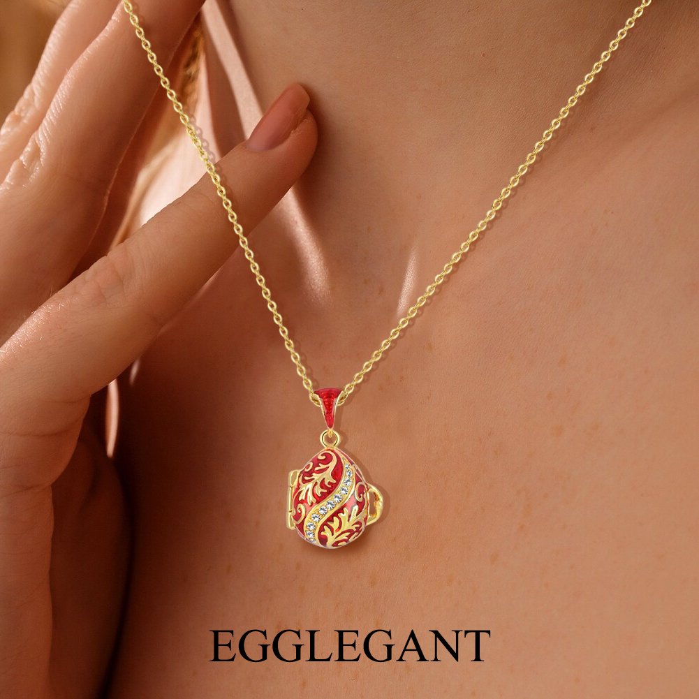 Ornate Enamel Egg Pendant with Hidden Angel Locket Necklace - Image 4