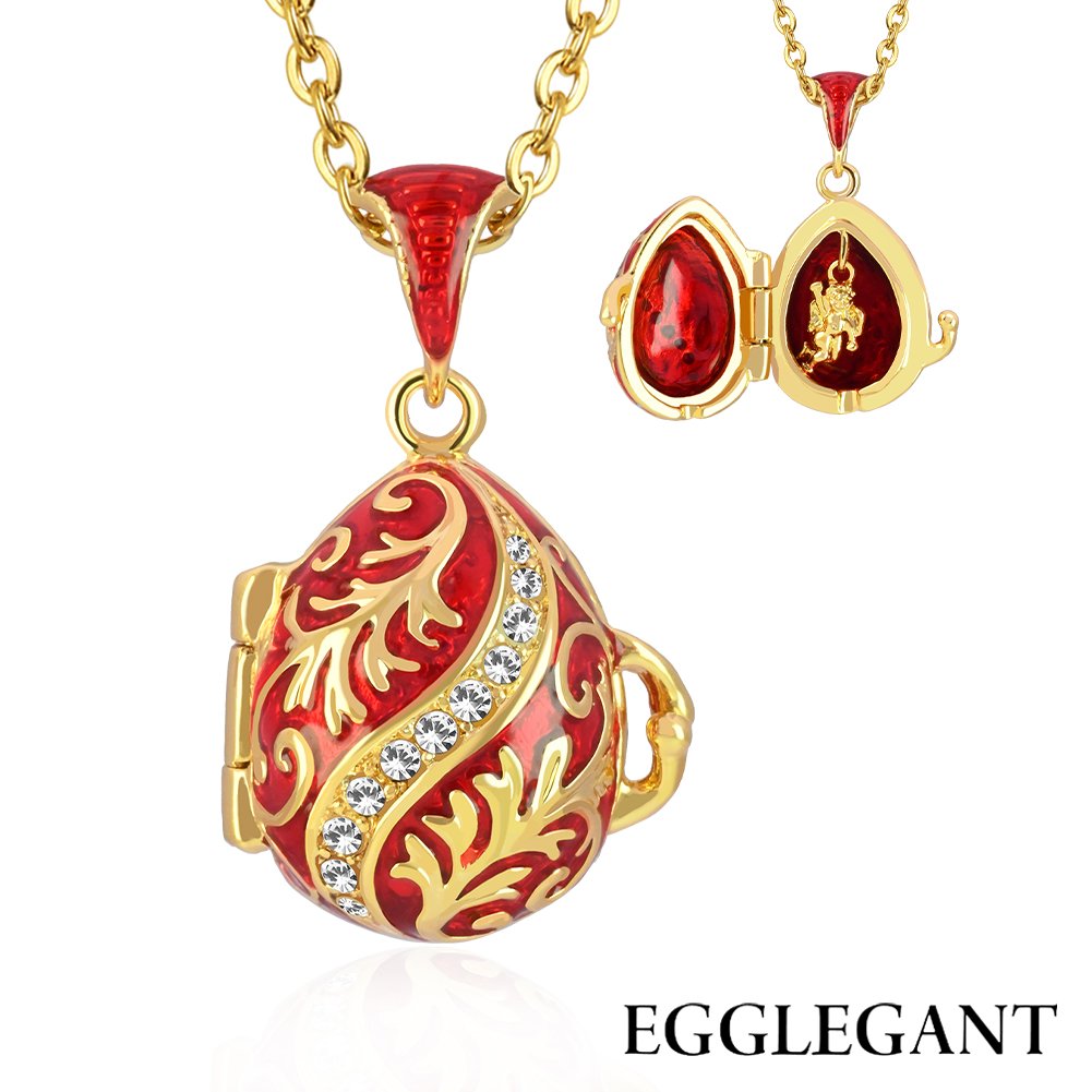 Ornate Enamel Egg Pendant with Hidden Angel Locket Necklace